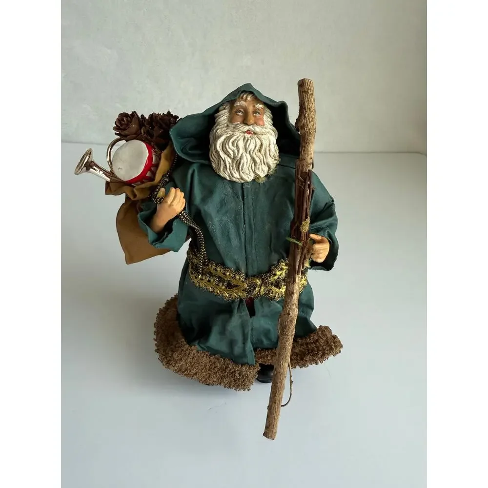 Vintage Paper Mache Santa Green Hooded Robe Toy Sack Old World Christmas 6.5